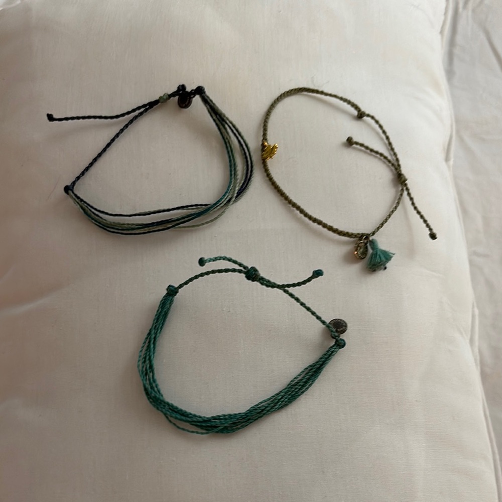 Set of Three Pura Vida Green and Gold String Bracelets